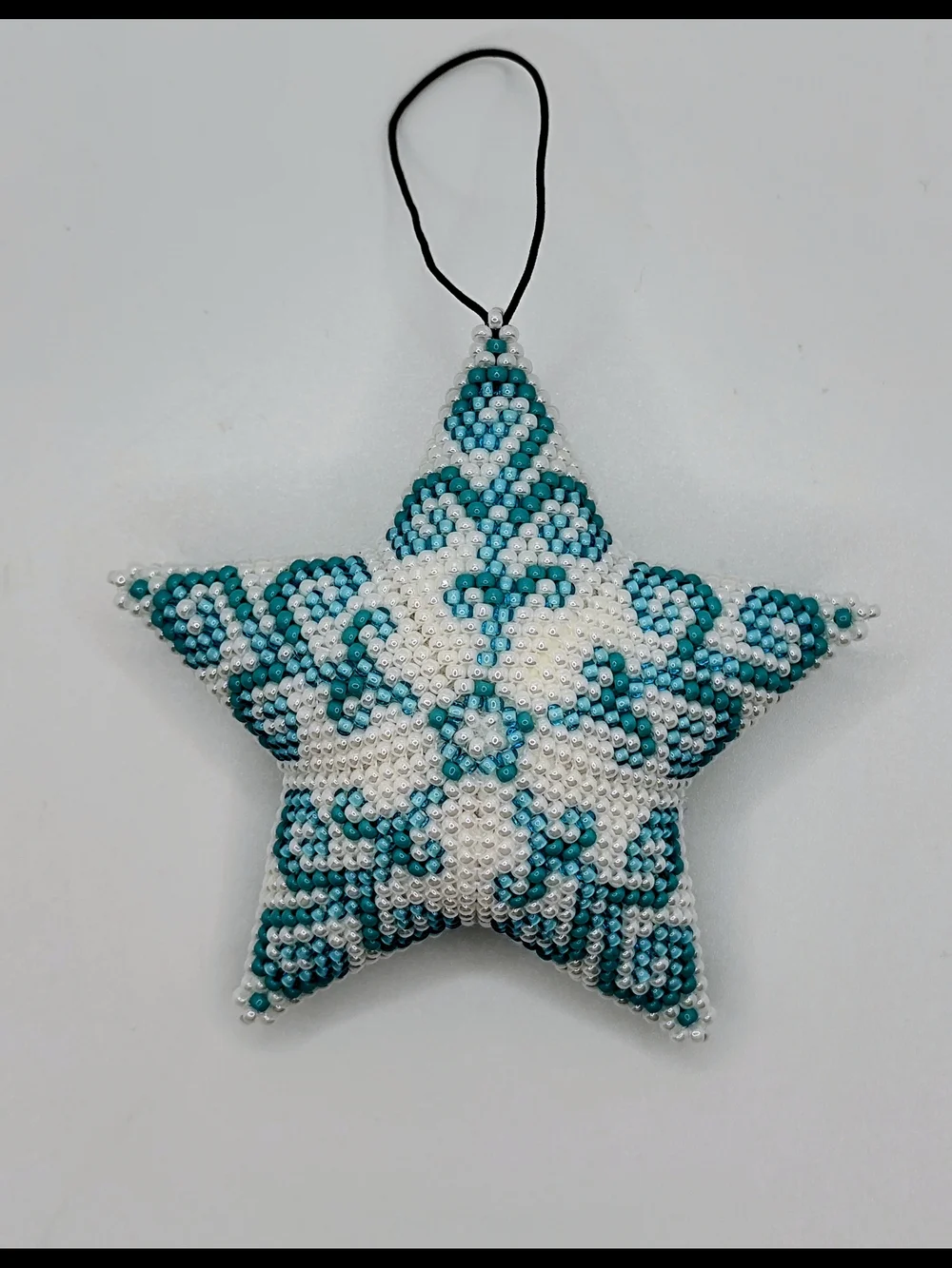Beaded Star Holiday Ornament in White & Teal